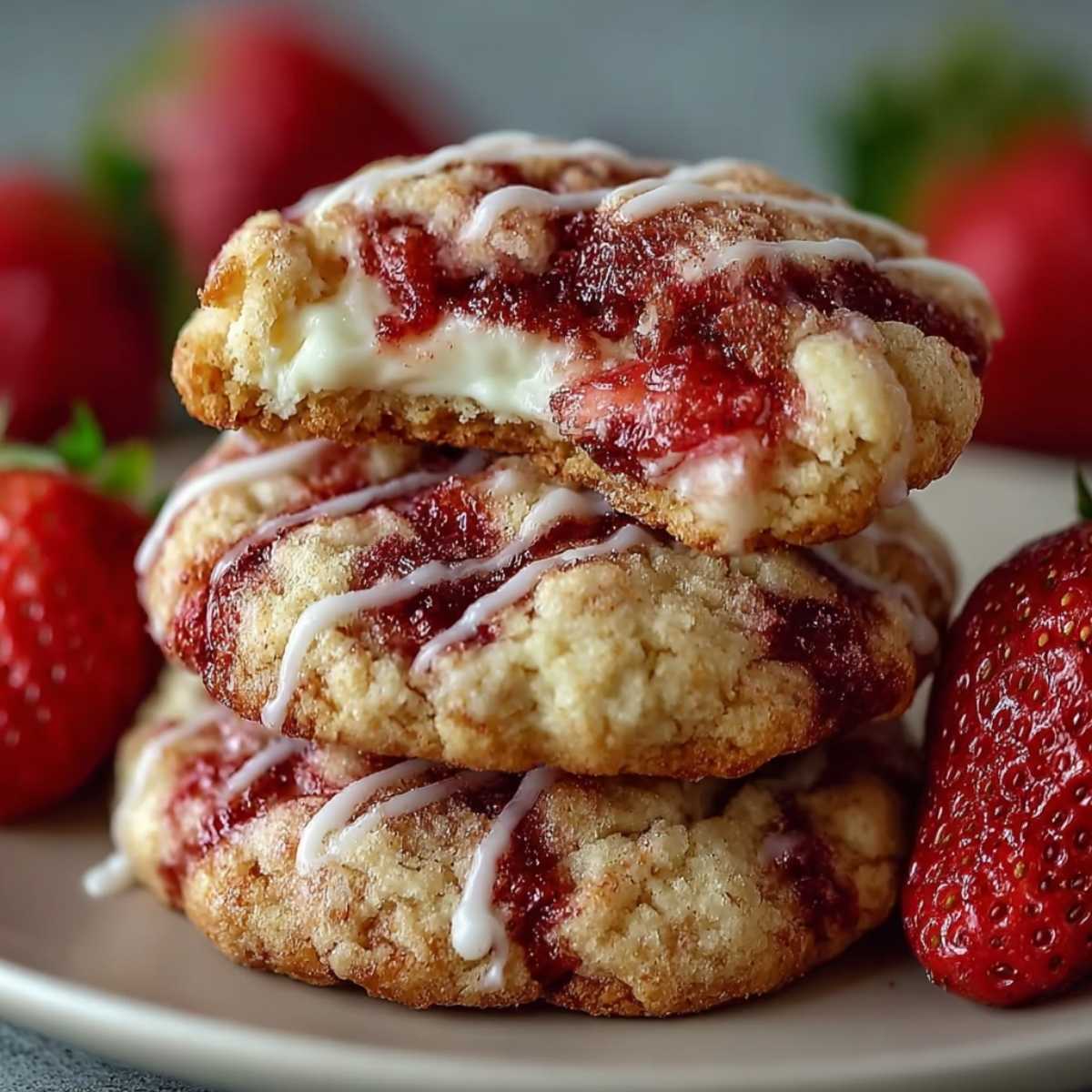 A stack of Strawberry Cheesecake Cookies on a plate, showcasing a creamy cheesecake-stuffed center and drizzled with white glaze