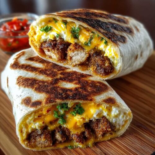 Close-up of a homemade Sweet Chili Chicken Wrap showing melted cheddar cheese, browned chicken, and creamy white sauce, garnished with parsley on a wooden cutting board