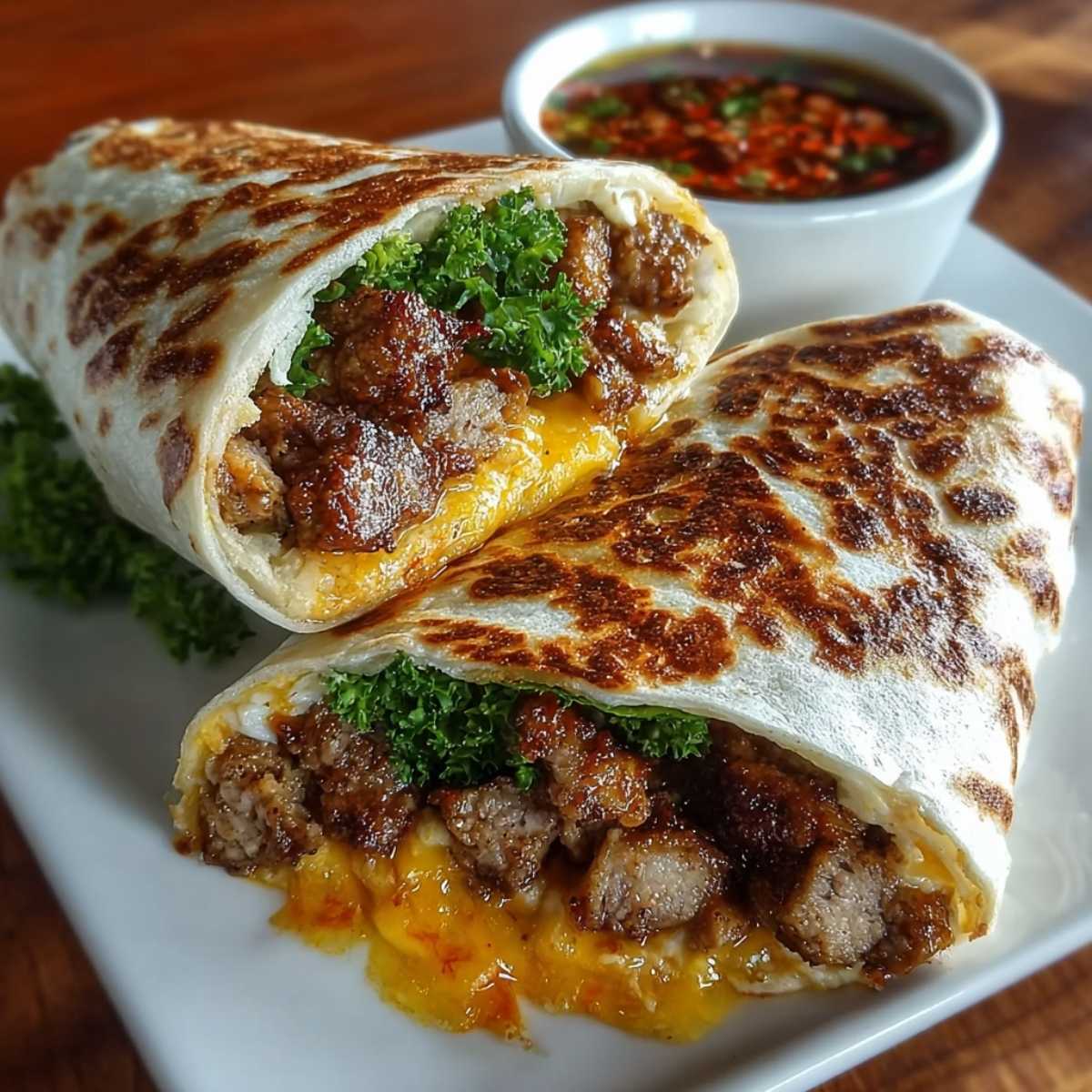 Sweet Chili Chicken Wrap with a grilled tortilla on a white plate, showcasing melted cheese, savory chicken filling, and a side of sweet chili dipping sauce