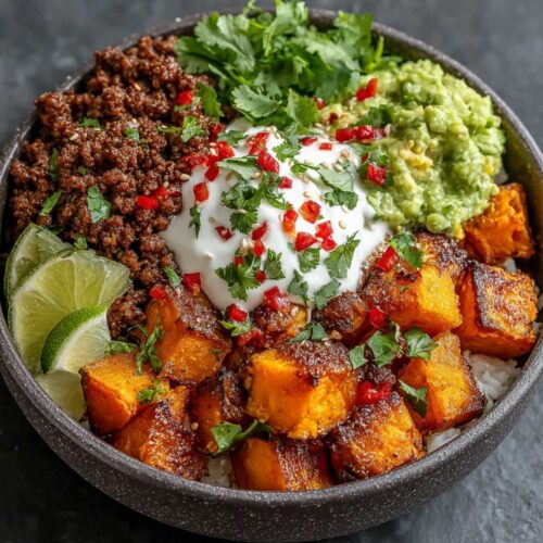 Close-up of Sweet Potato Taco Bowl showing crispy roasted sweet potatoes and seasoned ground beef, garnished with cottage cheese and fresh lime on a wooden bowl.