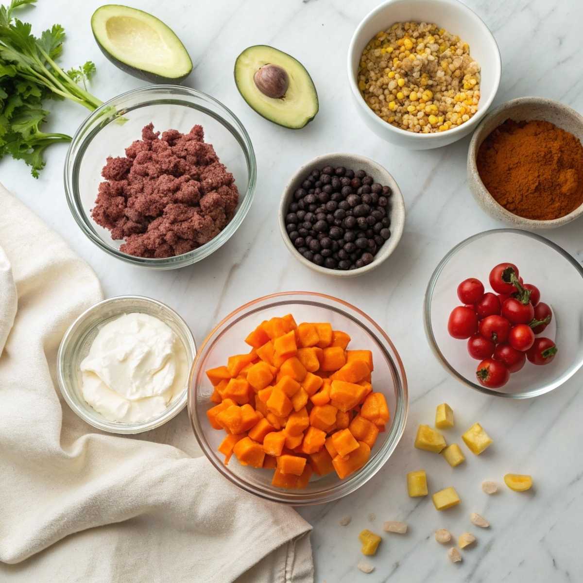 Fresh ingredients for Sweet Potato Taco Bowl including sweet potatoes, ground beef, black beans, and corn arranged on a modern marble surface