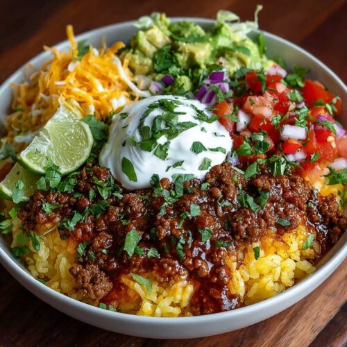 Close-up of Taco Rice Bowl showing seasoned ground beef and yellow rice, garnished with sour cream and fresh cilantro in a white ceramic bowl.