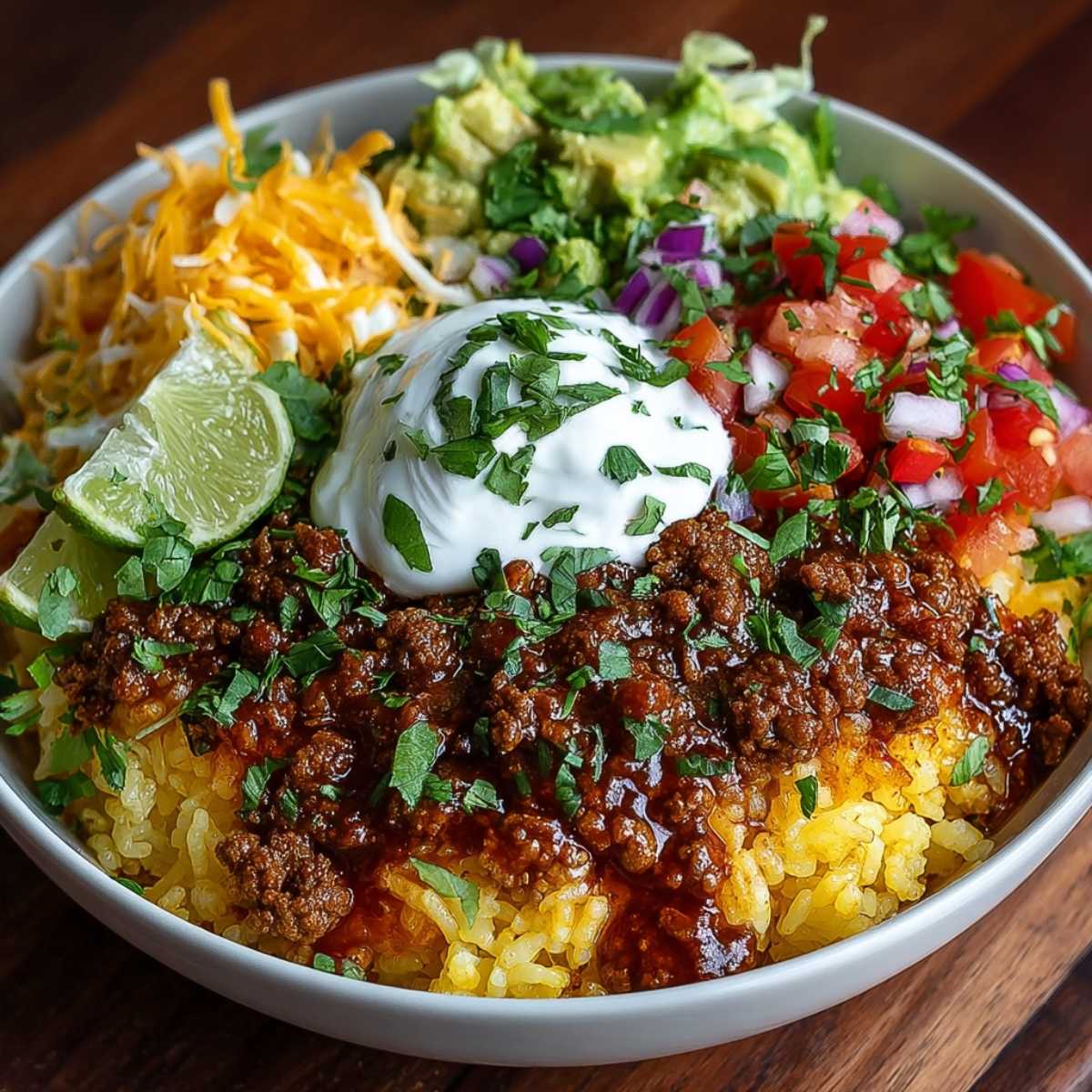 Close-up of Taco Rice Bowl showing seasoned ground beef and yellow rice, garnished with sour cream and fresh cilantro in a white ceramic bowl.