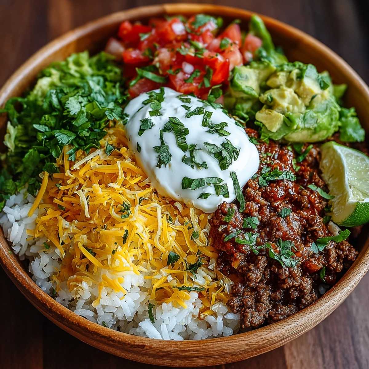 Taco Rice Bowl in a wooden bowl, showcasing its seasoned ground beef, white rice, shredded cheese, and fresh toppings.