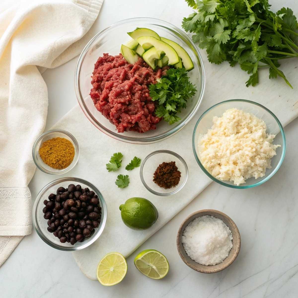 Fresh ingredients for Taco Rice Bowl including ground beef, rice, black beans and fresh cilantro arranged on a modern marble surface