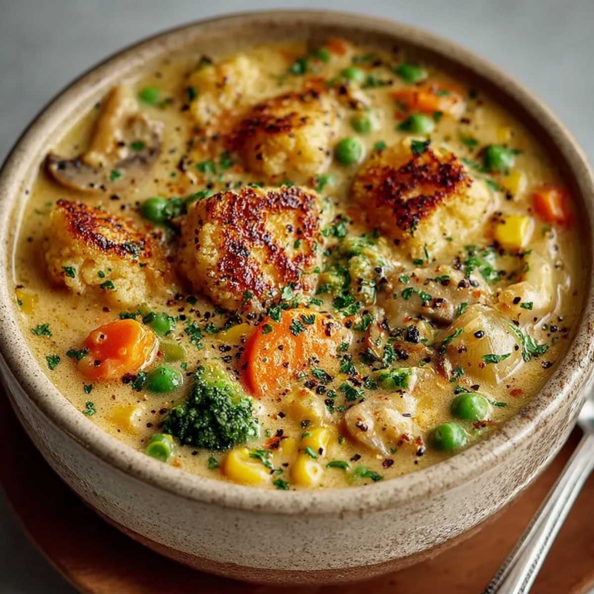 Veggie Pot Pie Soup in a rustic bowl, showcasing its creamy texture and golden biscuit topping with visible peas, carrots, and broccoli