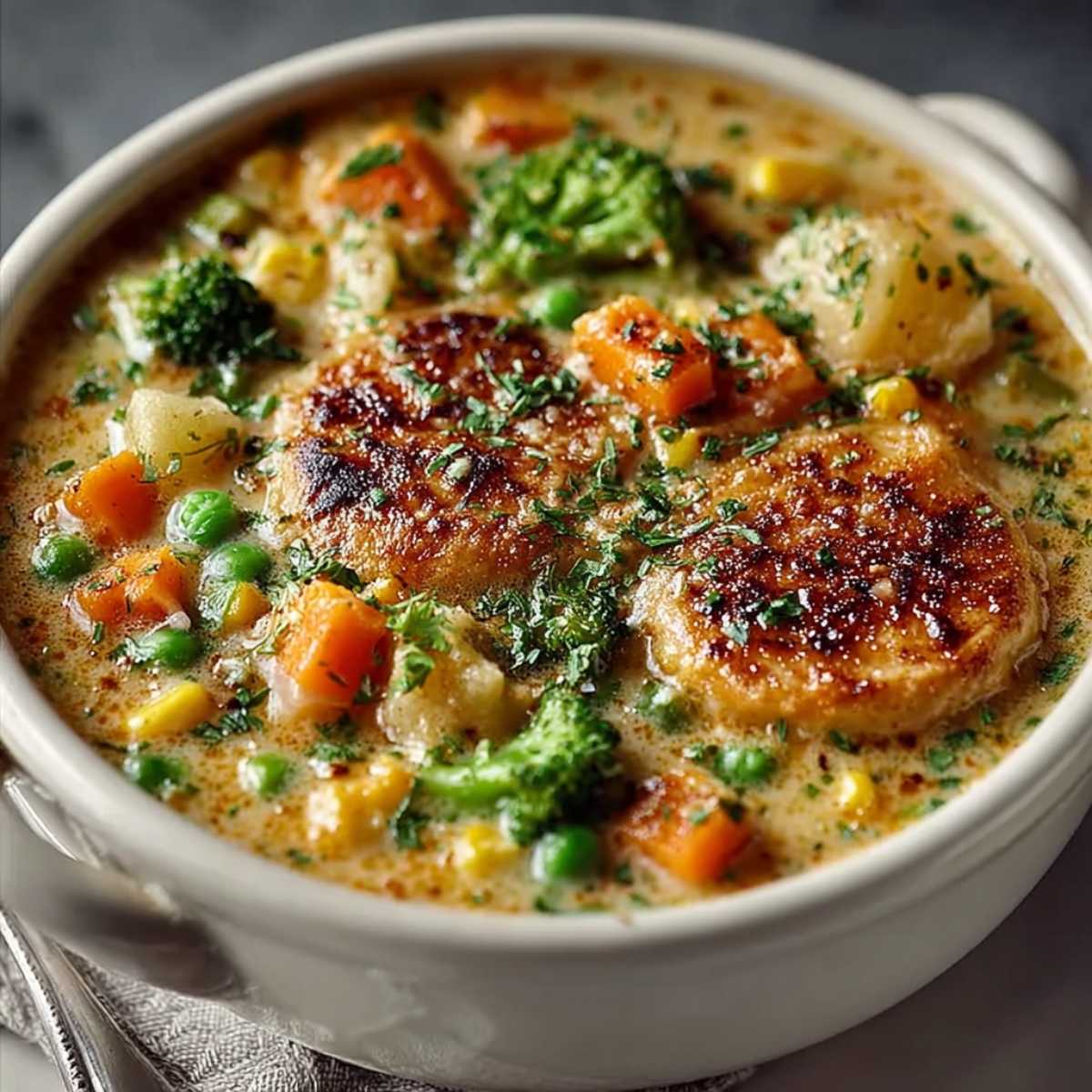 Close-up of Veggie Pot Pie Soup showing a creamy texture and golden biscuit topping, garnished with fresh parsley in a white ceramic bowl