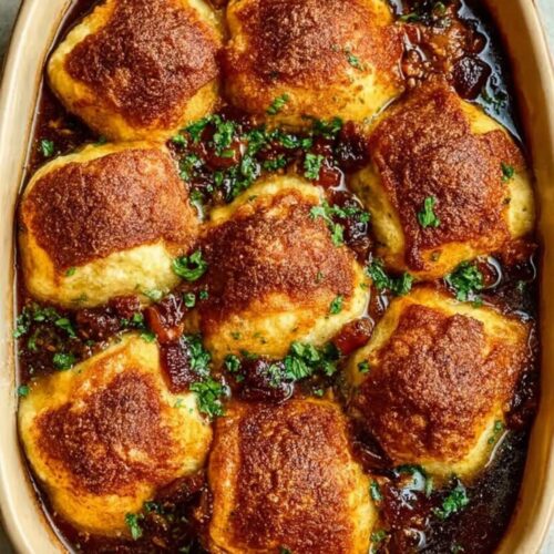 A 9x13 baking dish filled with freshly baked sweet potato country dumplings, featuring deep golden-brown crusts and bubbling dark caramelized syrup, garnished with fresh herbs.
