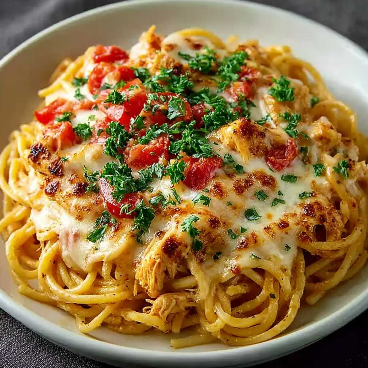 Chicken Spaghetti on a white plate, showcasing its golden-brown cheesy topping, tender chicken, and diced tomatoes, garnished with fresh parsley.