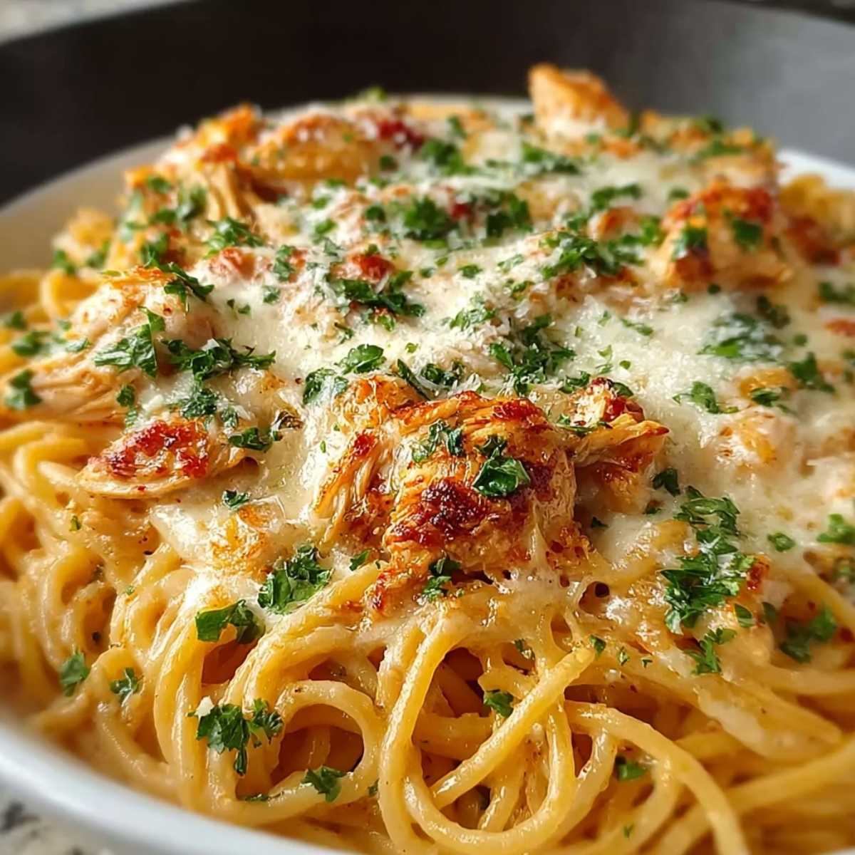 Close-up of creamy Chicken Spaghetti showing tender shredded chicken and melted cheese, garnished with fresh parsley in a white bowl