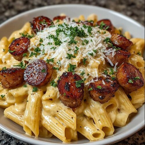 Close-up of creamy smoked sausage pasta in a white bowl, showing the rich sauce, browned sausage, and parmesan garnish