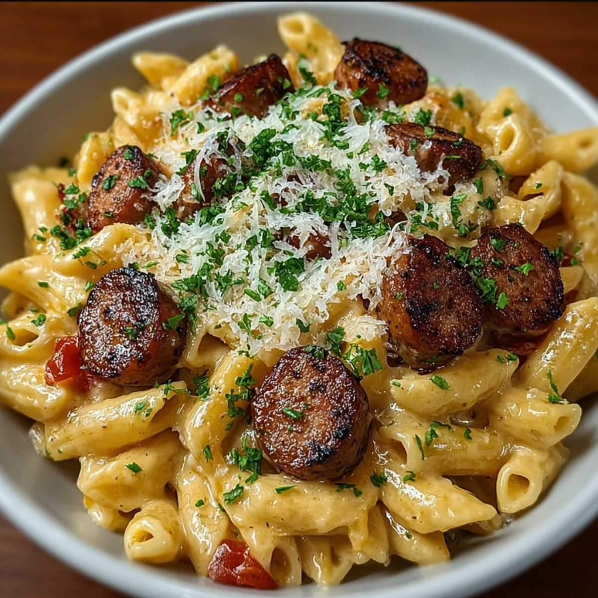 Creamy Smoked Sausage Pasta in a white bowl, showcasing its rich, cheesy sauce, browned sausage rounds, and fresh parsley garnish.