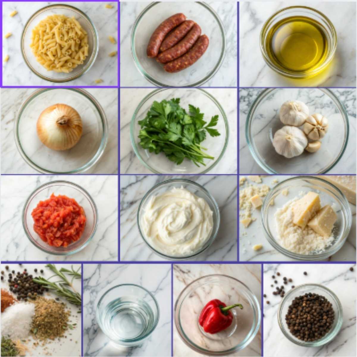 Ingredients for creamy smoked sausage pasta including dry pasta, smoked sausage, heavy cream, and parmesan cheese in glass bowls on a marble surface.