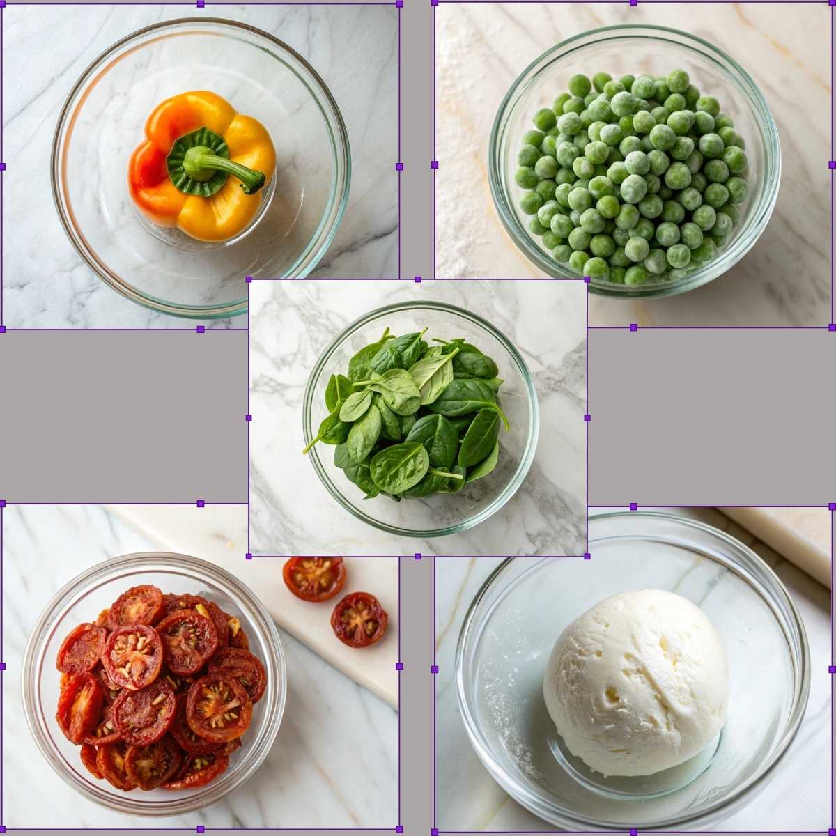 Optional add-ins for creamy smoked sausage pasta, including fresh spinach, sun-dried tomatoes, mozzarella, peas, and a bell pepper in glass bowls.