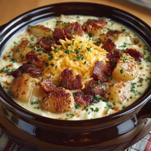 Close-up of Crock Pot Crack Potato Soup showing its thick creamy texture and tender potato chunks, garnished with bacon and shredded cheddar
