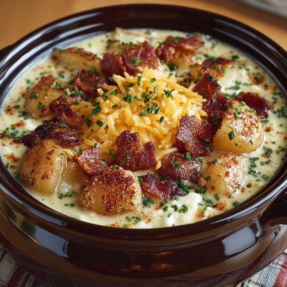 Close-up of Crock Pot Crack Potato Soup showing its thick creamy texture and tender potato chunks, garnished with bacon and shredded cheddar