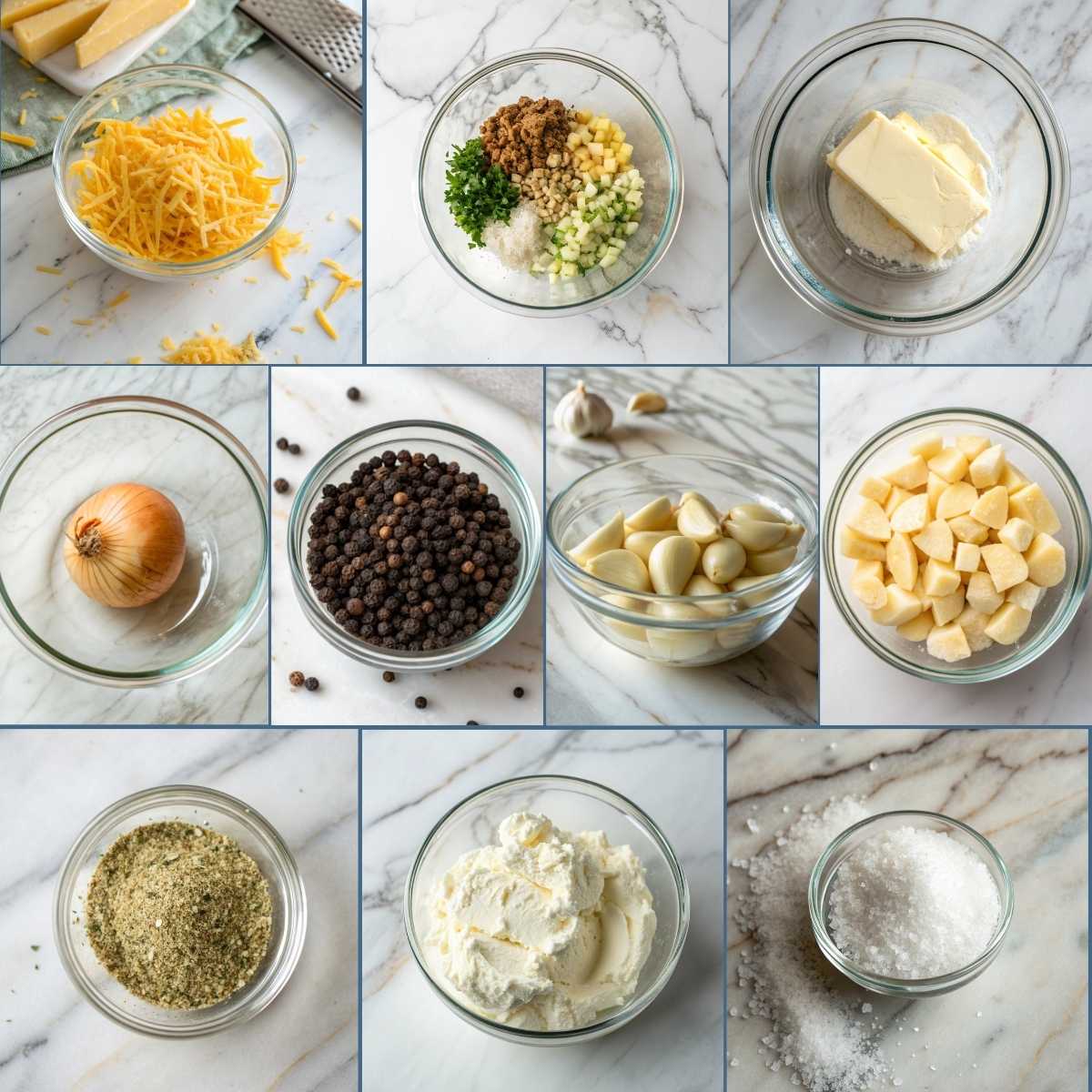 A collage of ingredients for Crock Pot Crack Potato Soup, showing glass bowls of diced potatoes, shredded cheddar, cream cheese, and ranch seasoning.