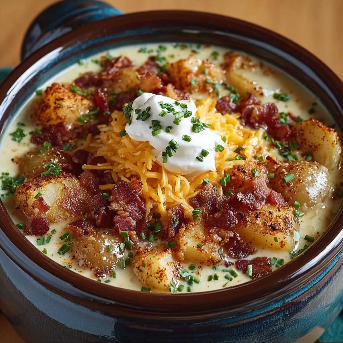 Easy Crock Pot Crack Potato Soup in a dark rustic bowl, showcasing its creamy texture and loaded toppings of bacon, cheese, and sour cream.
