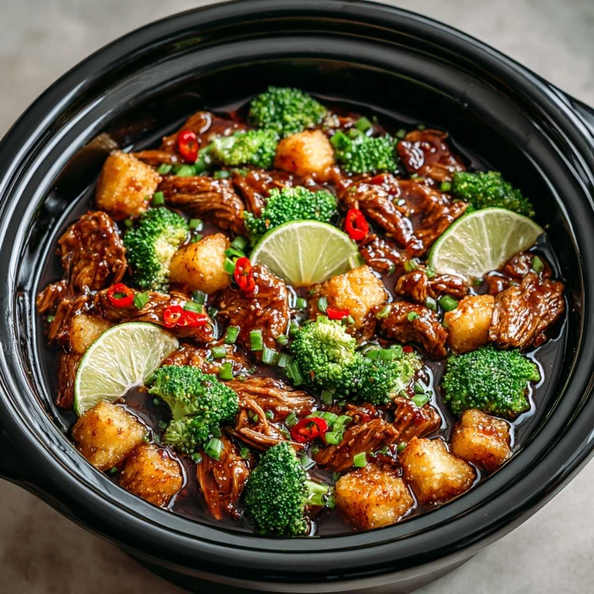 Dump and Go Crockpot Teriyaki Chicken with broccoli and pineapple in a black slow cooker, showcasing its rich, glossy sauce and vibrant garnishes