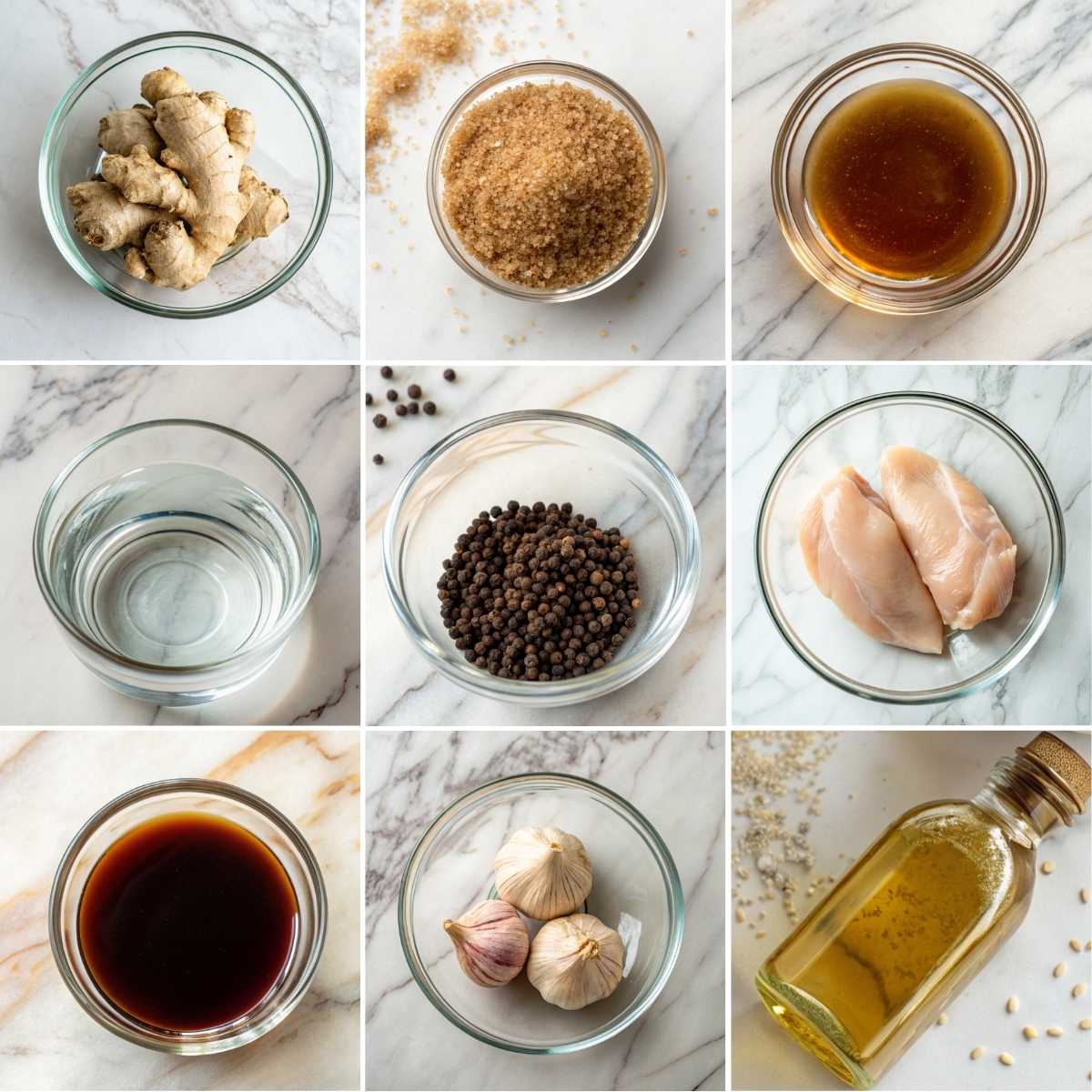 Ingredients for Dump and Go Crockpot Teriyaki Chicken including raw chicken, soy sauce, ginger, and garlic in bowls on a marble surface