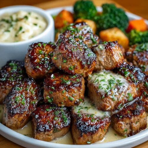 Close-up of Garlic Butter Steak Bites showing juicy seared texture and rich garlic butter sauce, garnished with fresh parsley