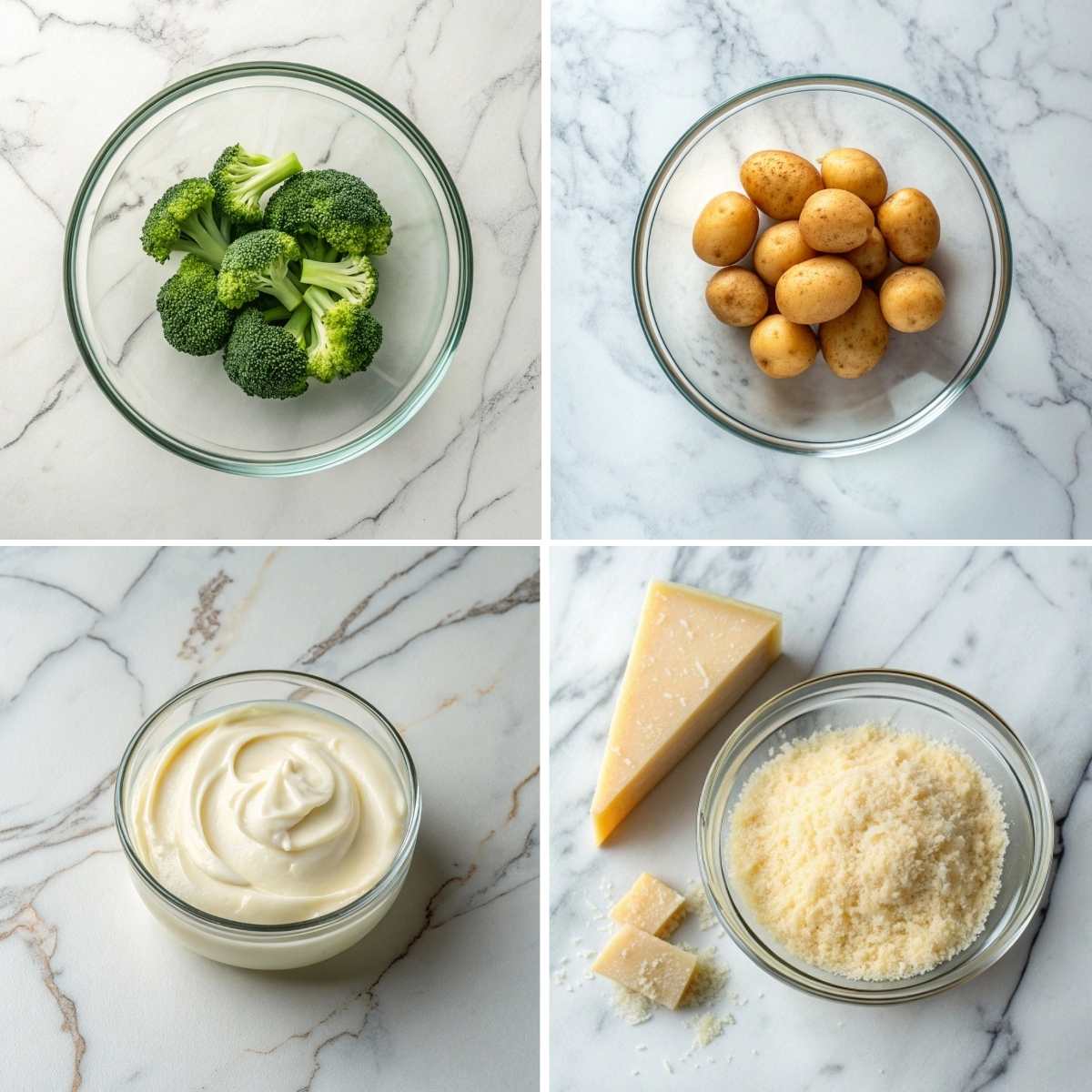 Optional add-ins for Garlic Butter Steak Bites in glass bowls, including broccoli florets, baby potatoes, heavy cream, and Parmesan cheese.