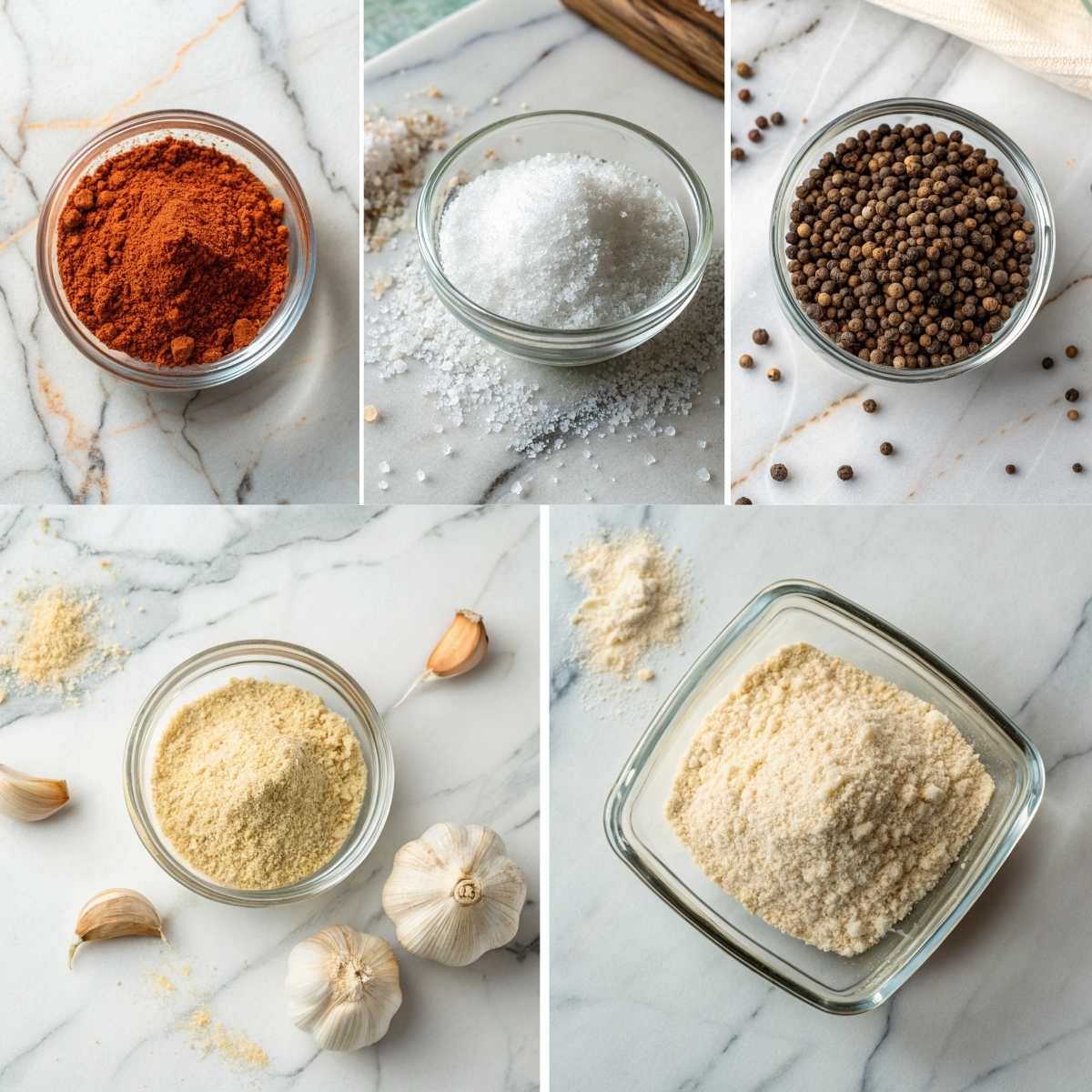 Bowls of seasoning for Garlic Butter Steak Bites on a marble surface, including garlic powder, onion powder, smoked paprika, salt, and pepper