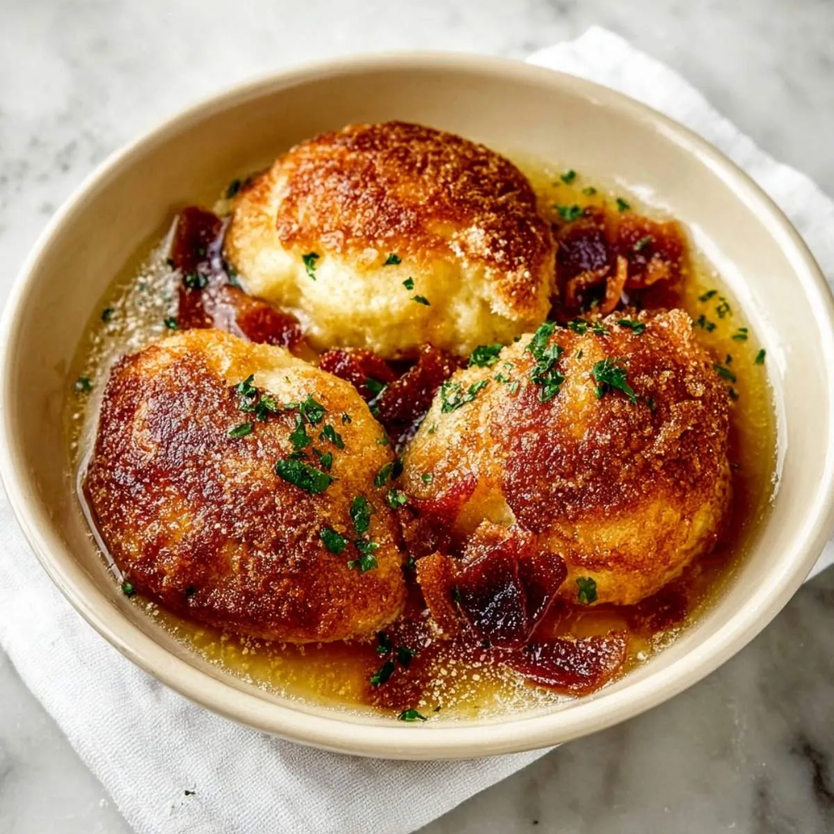 Three golden-brown sweet potato country dumplings floating in a rich vanilla-butter syrup, topped with caramelized sugar bits and fresh green herbs in a beige ceramic bowl