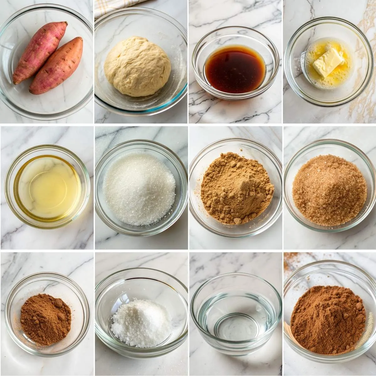 A collage of ingredients for Sweet Potato Country Dumplings: fresh sweet potatoes, a ball of dough, melted butter, brown sugar, corn syrup, and spices in glass bowls on a marble surface.