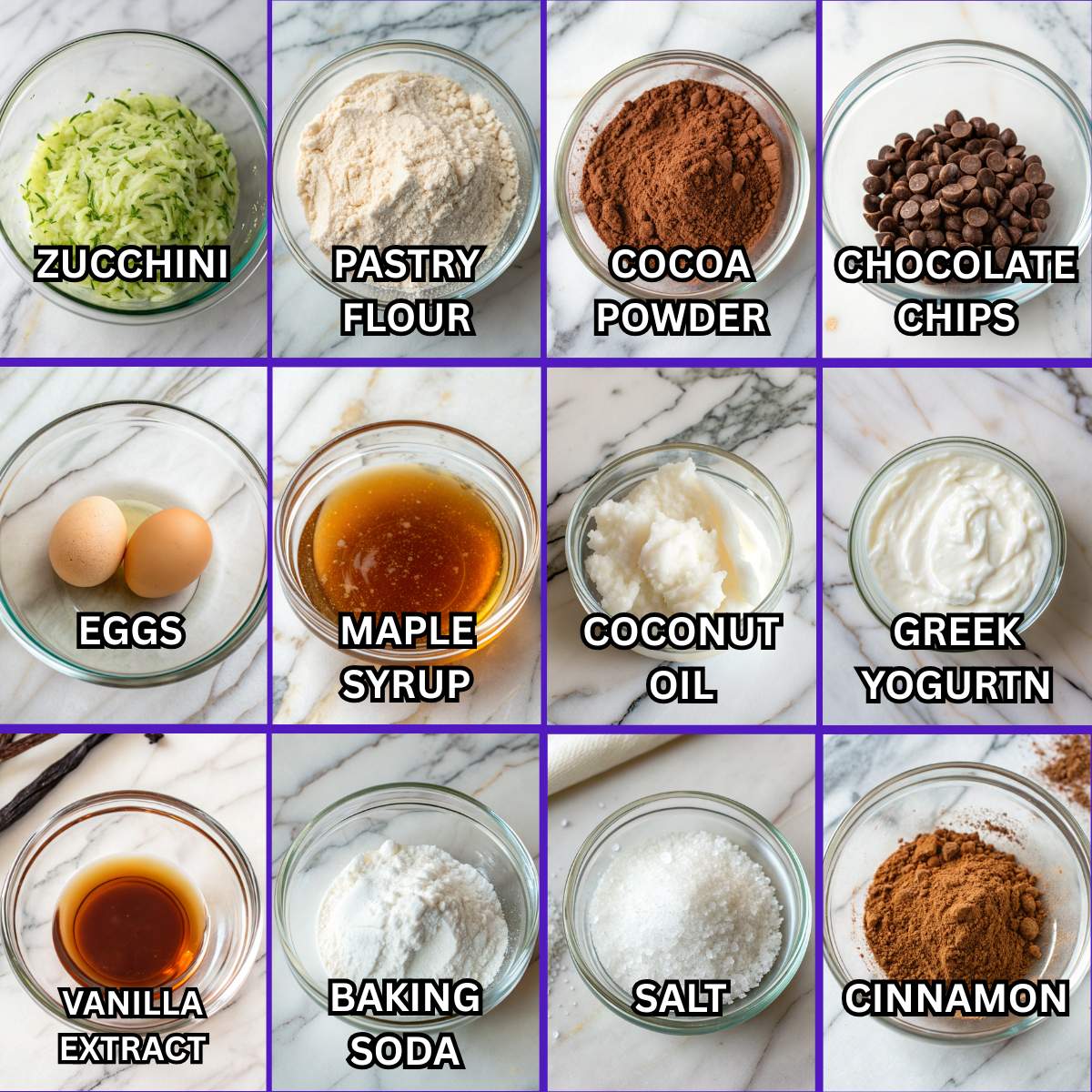 Ingredients for chocolate zucchini muffins including grated zucchini, cocoa powder, chocolate chips, eggs, maple syrup, and flour.