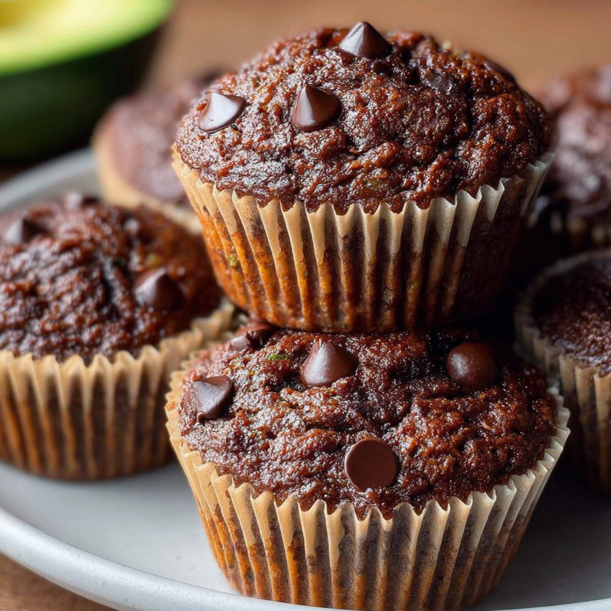 Chocolate zucchini muffins stacked on a plate, showing an ultra moist crumb with melted chocolate chips and rich cocoa texture.