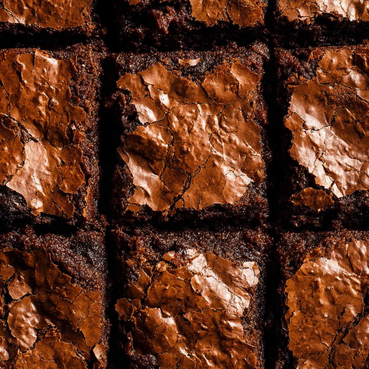 Cocoa fudge brownies cut into squares showing shiny crackly tops and dense fudgy centers baked with cocoa powder.