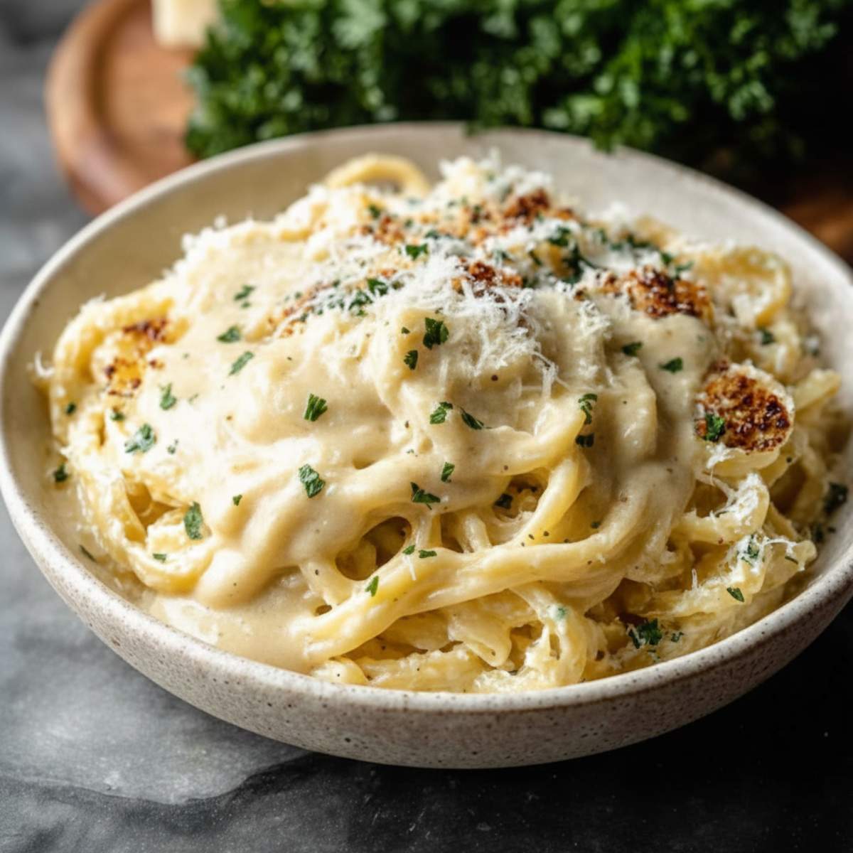 Creamy Garlic Pasta in a ceramic bowl, showcasing its silky cream sauce, toasted parmesan topping, and fresh parsley garnish