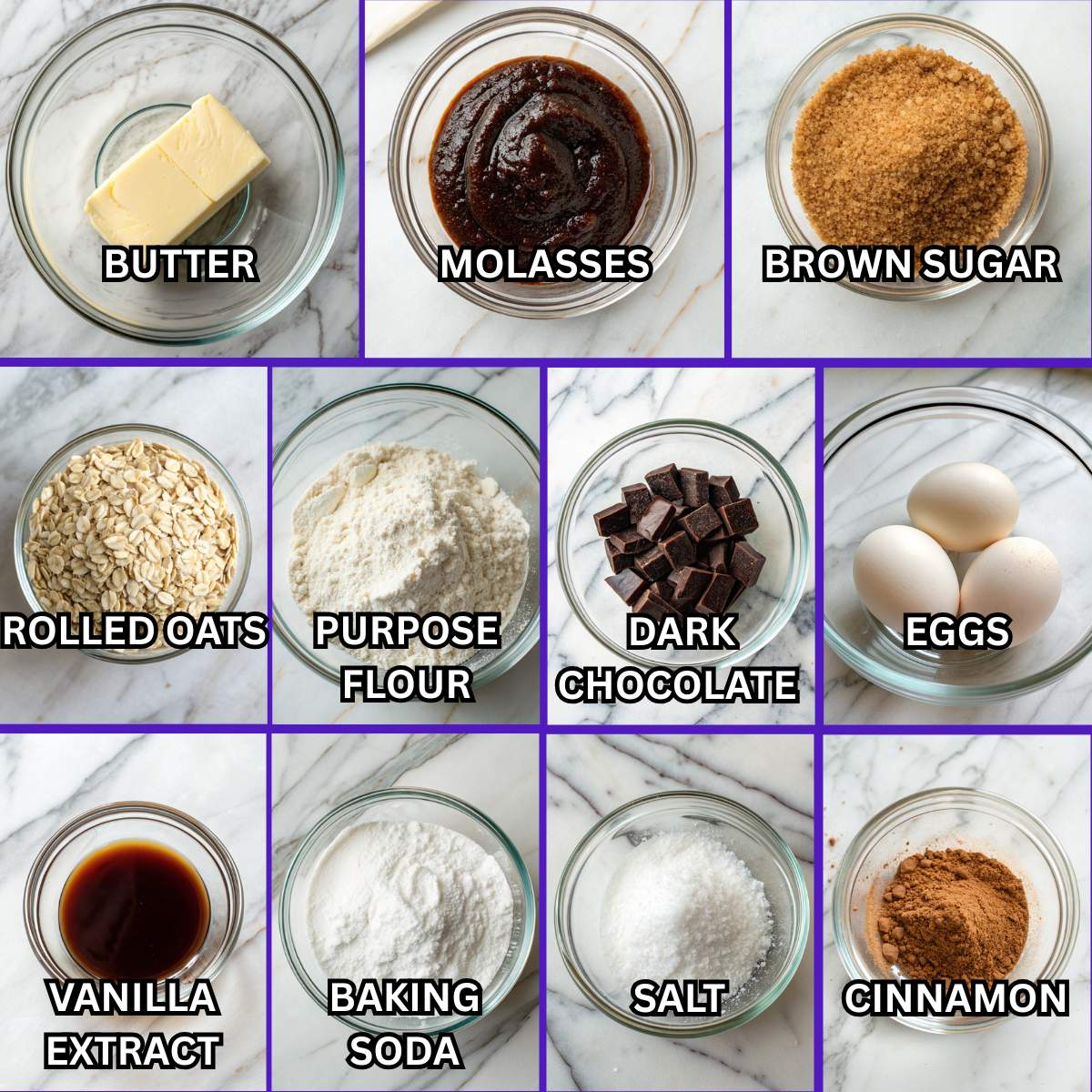 Ingredients for dark chocolate chunk molasses oatmeal cookies including butter, molasses, brown sugar, rolled oats, eggs, and dark chocolate.