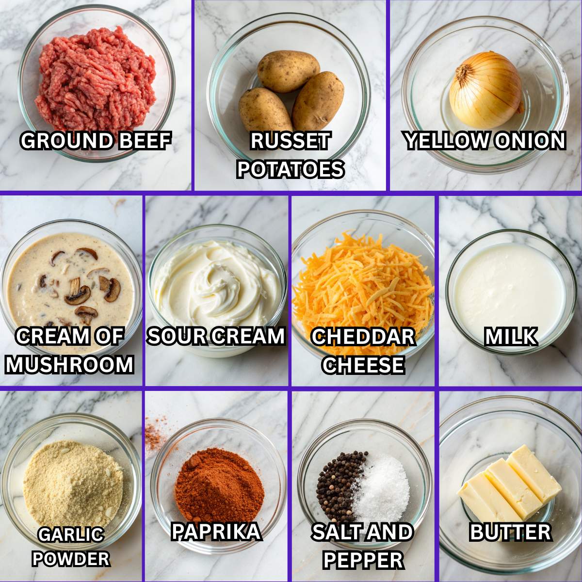 Ingredients for cheesy ground beef and potato casserole including ground beef, russet potatoes, cheddar cheese, soup, and spices.