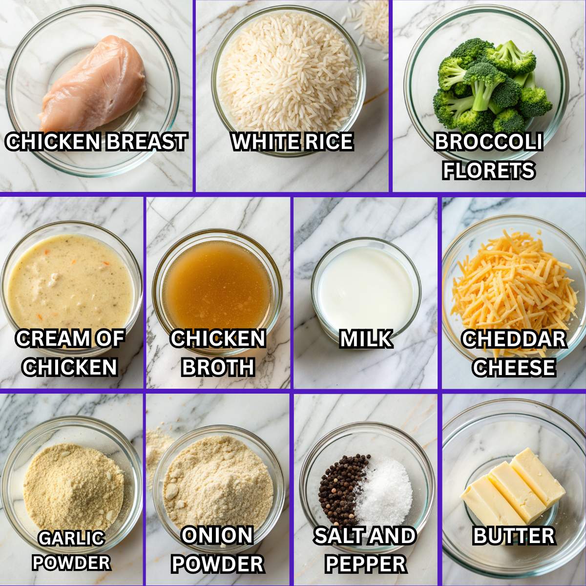 Ingredients for chicken broccoli rice casserole including raw chicken breast, white rice, broccoli florets, cheddar cheese, and cream of chicken soup.