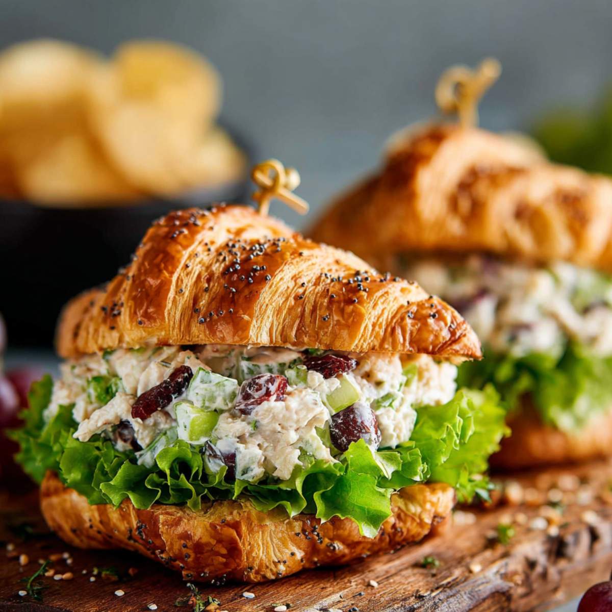 Easy chicken salad served on a flaky croissant with lettuce, showing creamy chicken, celery, and dried cranberries on a wooden board.