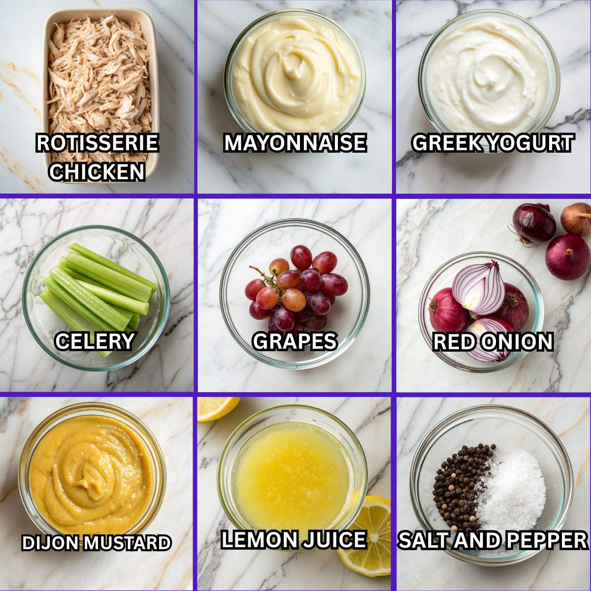 Ingredients for easy chicken salad including rotisserie chicken, mayonnaise, Greek yogurt, celery, grapes, red onion, and Dijon mustard.
