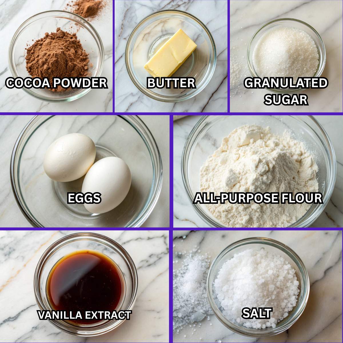 Ingredients for cocoa fudge brownies including cocoa powder, butter, sugar, eggs, flour, vanilla extract, and salt on marble.