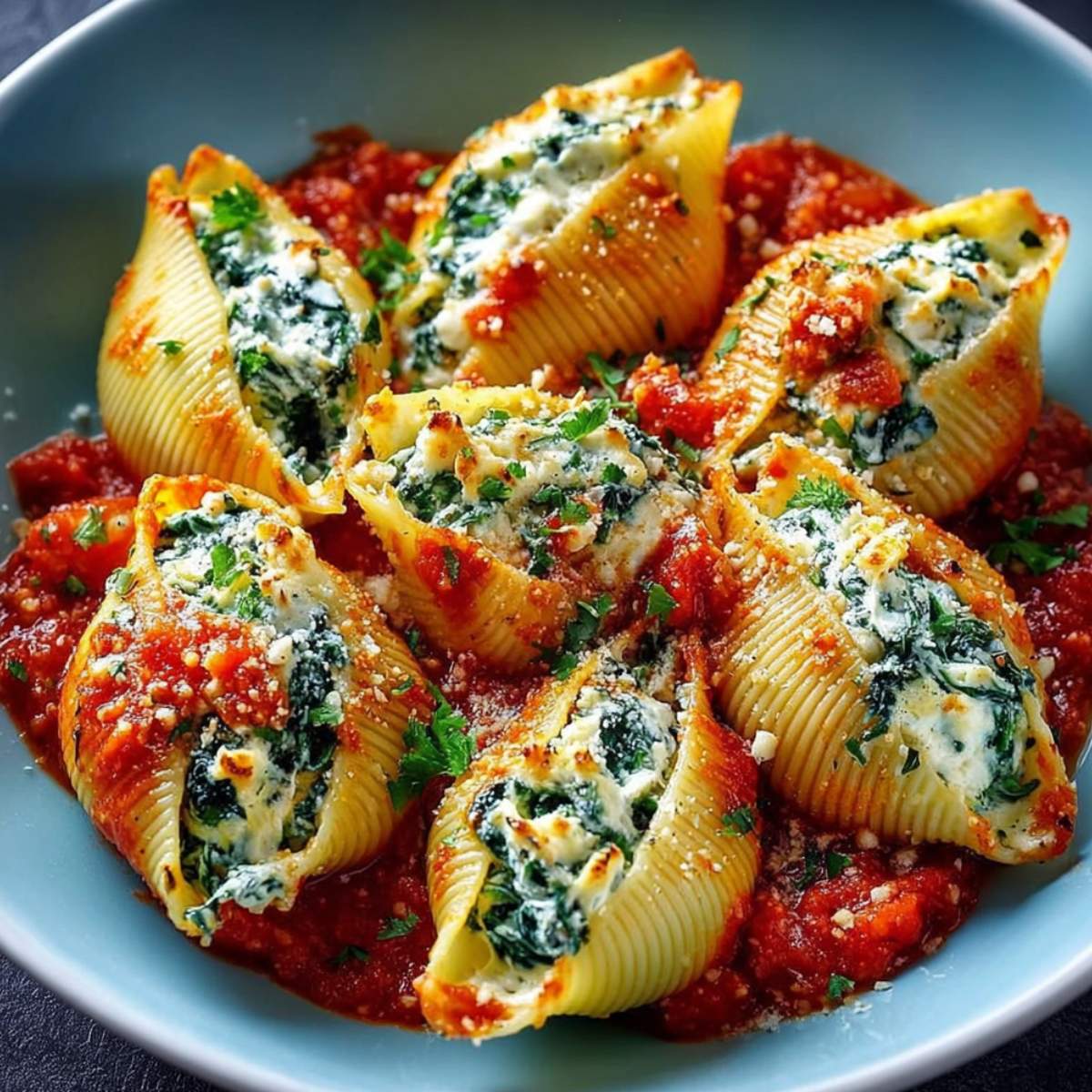 Spinach and ricotta stuffed shells in marinara sauce, showing creamy three-cheese filling, jumbo pasta shells, and fresh parsley garnish.