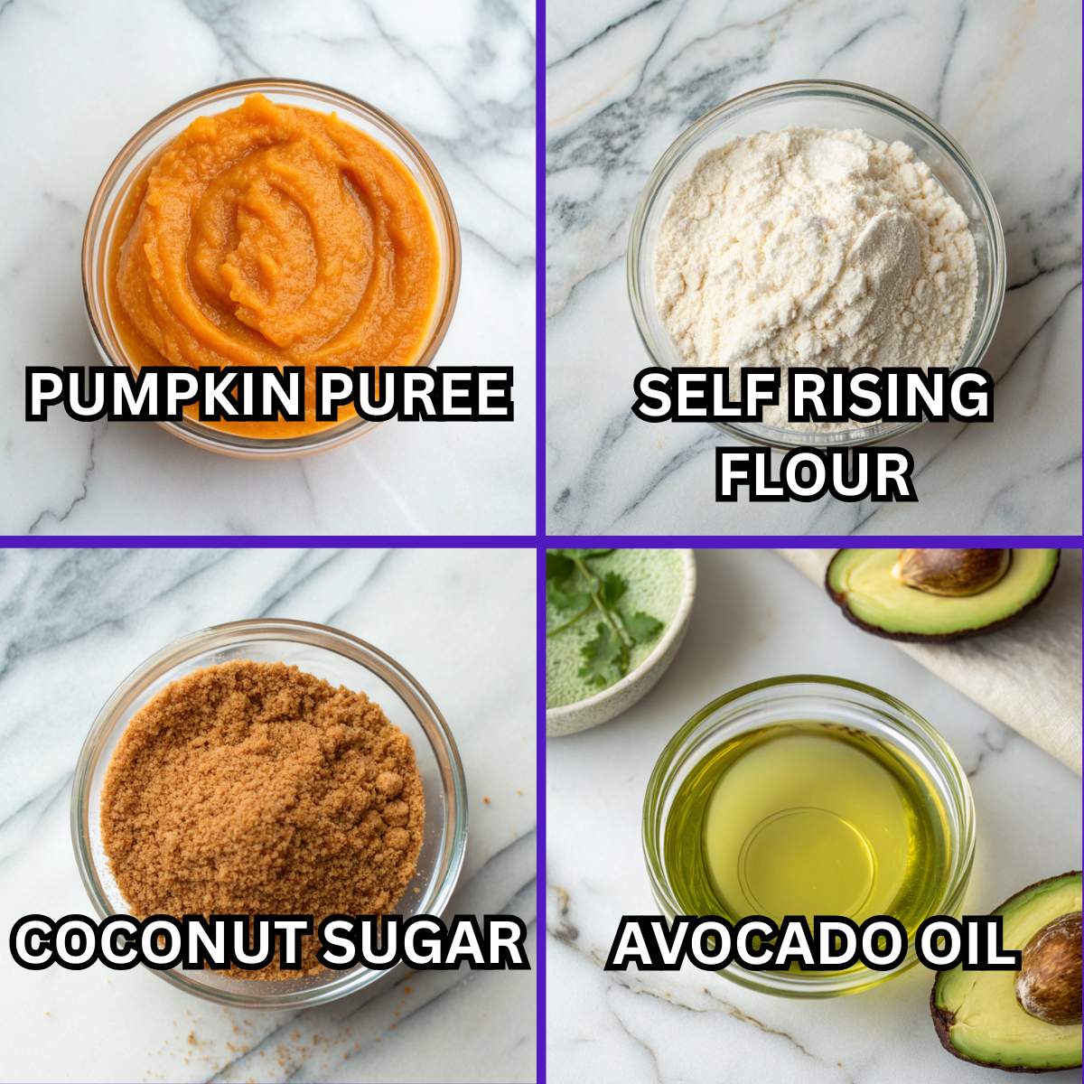 Ingredients for healthier pumpkin donuts including pumpkin puree, self rising flour, coconut sugar, and avocado oil arranged on marble surface.