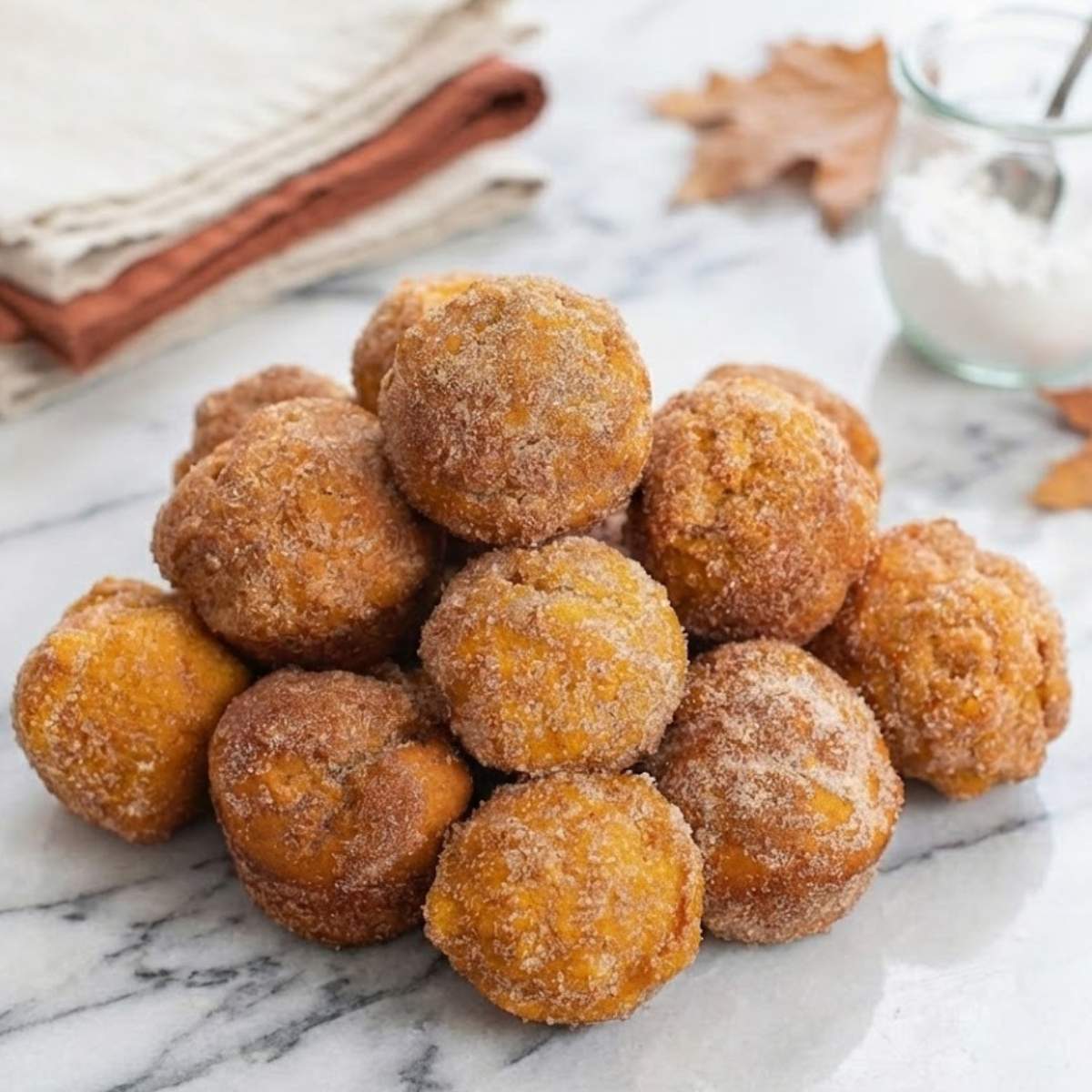Stacked healthier pumpkin donut holes coated in cinnamon sugar on a marble surface with fall leaves and napkins in the background.