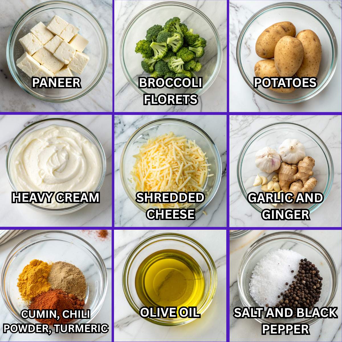 Fresh ingredients for paneer and broccoli bake including paneer cubes, broccoli florets, potatoes, cream, cheese, and spices.