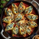 Close-up of spinach and ricotta stuffed shells baked in marinara sauce, showing creamy cheese filling, golden tops, and jumbo pasta shells.