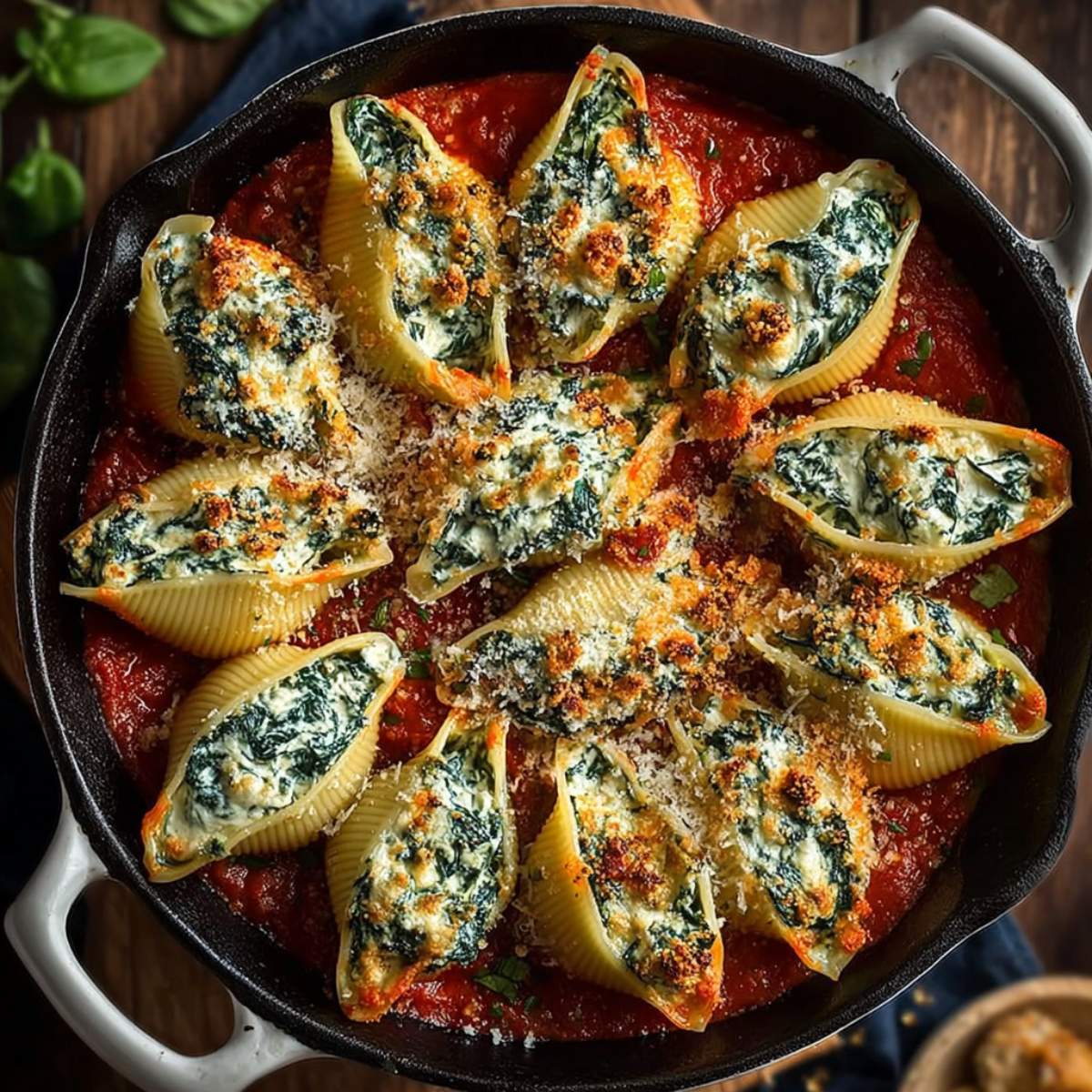Close-up of spinach and ricotta stuffed shells baked in marinara sauce, showing creamy cheese filling, golden tops, and jumbo pasta shells.