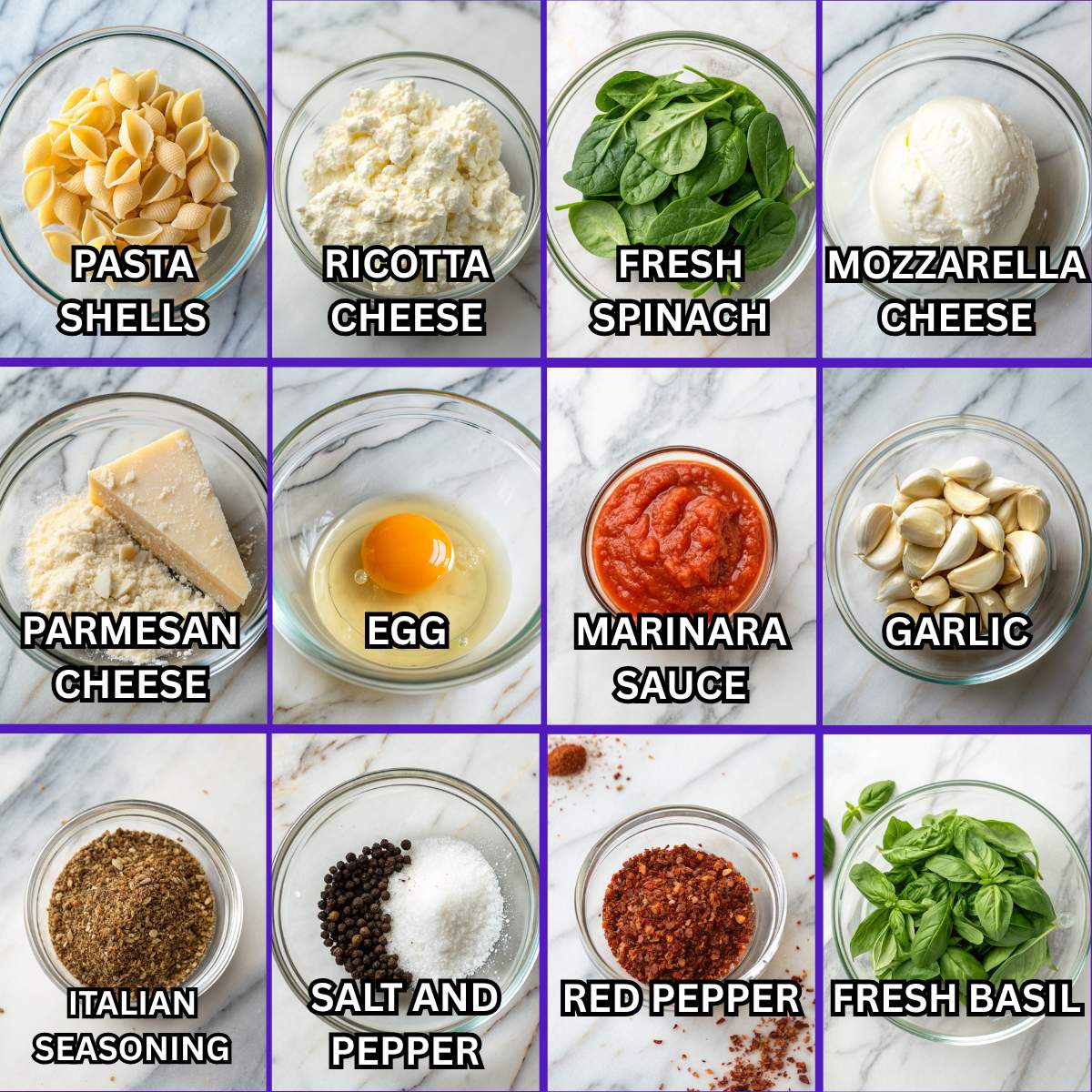 Ingredients for spinach and ricotta stuffed shells including jumbo pasta shells, ricotta cheese, fresh spinach, marinara sauce, and mozzarella.