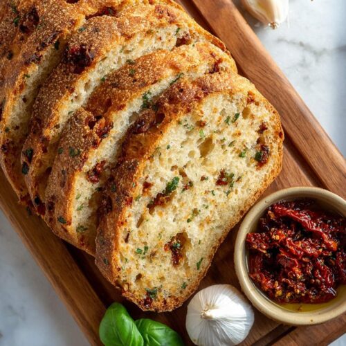 Close-up of Tomato Basil Sourdough Bread showing its airy crumb, sun-dried tomato pieces, and herbs on a wooden board beside garlic and basil