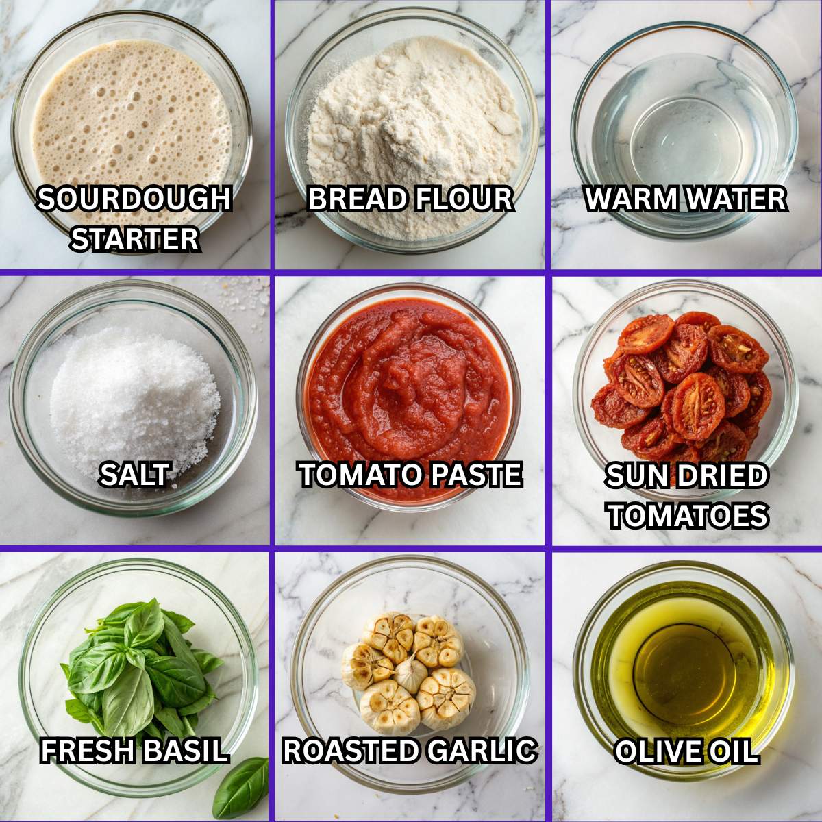 Fresh ingredients for Tomato Basil Sourdough Bread including sourdough starter, bread flour, tomato paste, sun-dried tomatoes, basil, and roasted garlic