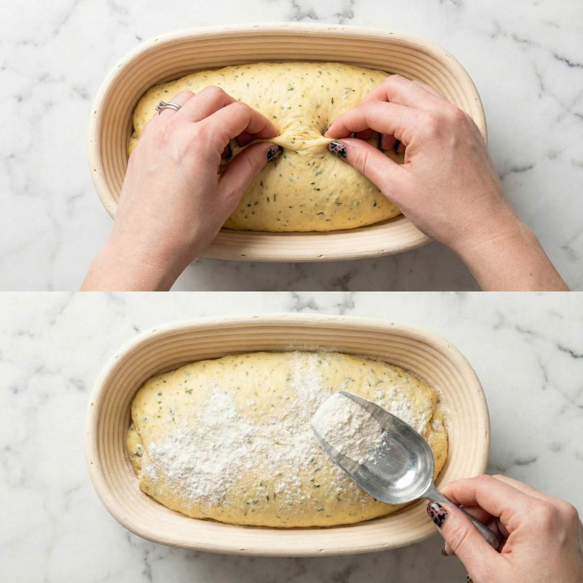 Shaping and flouring the Tomato Basil Sourdough Bread dough in a banneton, step 4 showing gentle tightening and dusting before cold fermentation