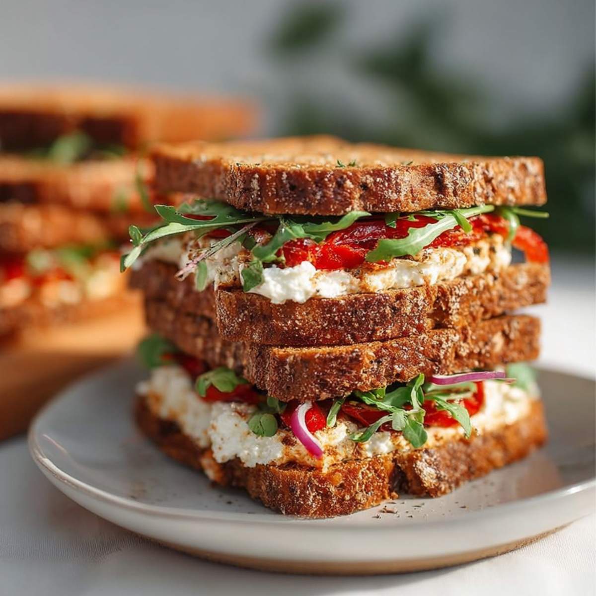 Tomato Basil Sourdough Sandwich stacked with ricotta, roasted peppers, arugula, and red onion on toasted slices of homemade sourdough bread